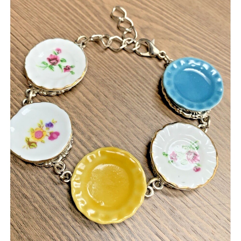 Vintage Porcelain Plate Charm Bracelet Floral Tea Party Cottagecore Pastel